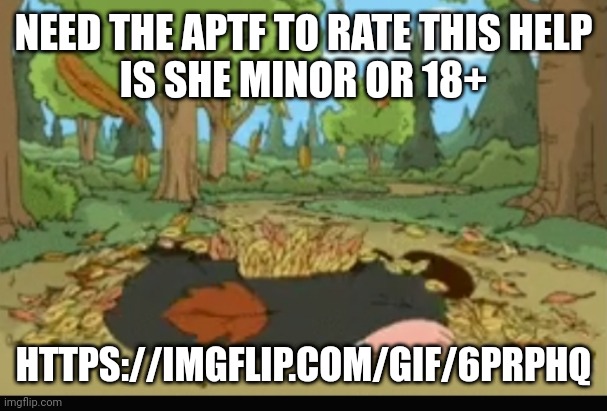 i need you guy's opinions | NEED THE APTF TO RATE THIS HELP
IS SHE MINOR OR 18+; HTTPS://IMGFLIP.COM/GIF/6PRPHQ | image tagged in dead girdifrni | made w/ Imgflip meme maker