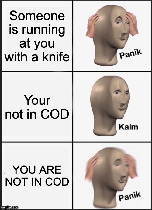 cod | Someone is running at you with a knife; Your not in COD; YOU ARE NOT IN COD | image tagged in memes,panik kalm panik | made w/ Imgflip meme maker
