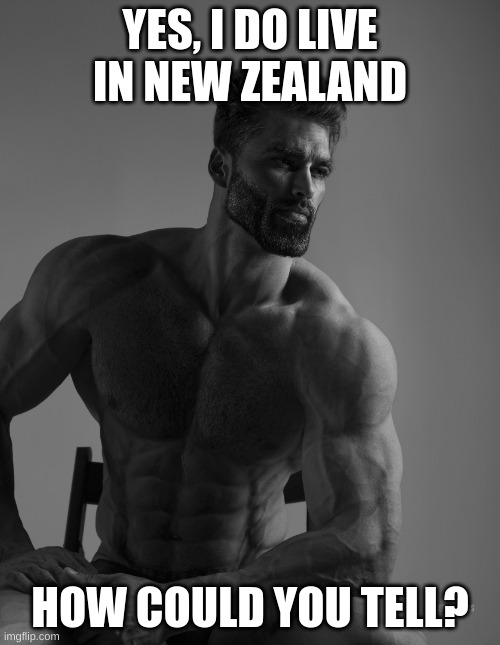 best country ever | YES, I DO LIVE IN NEW ZEALAND; HOW COULD YOU TELL? | image tagged in giga chad | made w/ Imgflip meme maker