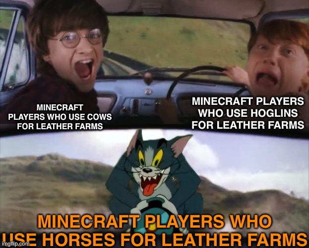 Who even Use Horses of Leather Farms |  MINECRAFT PLAYERS WHO USE HOGLINS FOR LEATHER FARMS; MINECRAFT PLAYERS WHO USE COWS FOR LEATHER FARMS; MINECRAFT PLAYERS WHO USE HORSES FOR LEATHER FARMS | image tagged in tom chasing harry and ron weasly,minecraft,memes,gaming,minecraft memes,funny | made w/ Imgflip meme maker