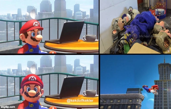 Why didn't they just SELL those animatronics? | image tagged in mario jumps off of a building,chuck e cheese,memes,funny | made w/ Imgflip meme maker