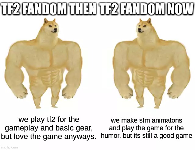Buff Doge vs Buff Doge | TF2 FANDOM THEN; TF2 FANDOM NOW; we play tf2 for the gameplay and basic gear, but love the game anyways. we make sfm animatons and play the game for the humor, but its still a good game | image tagged in buff doge vs buff doge,tf2,tf2 will never die | made w/ Imgflip meme maker
