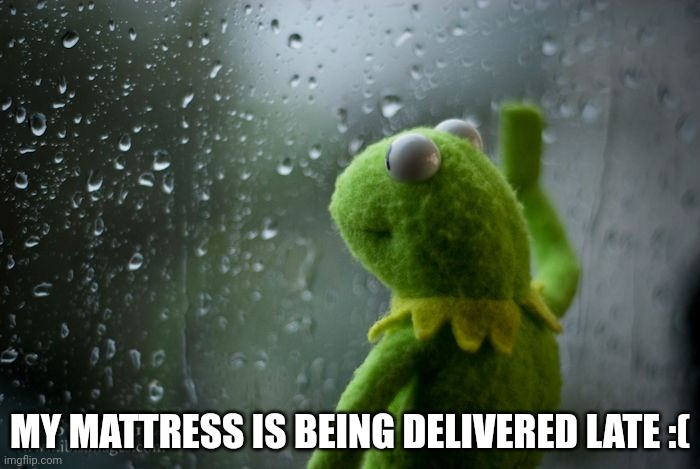 kermit window | MY MATTRESS IS BEING DELIVERED LATE :( | image tagged in kermit window | made w/ Imgflip meme maker