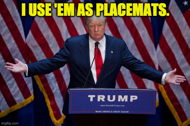 Donald Trump | I USE 'EM AS PLACEMATS. | image tagged in donald trump | made w/ Imgflip meme maker
