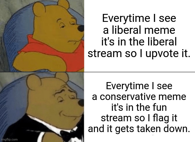 To be fair I occasionally see liberal memes in fun too and flag them equally as well. | Everytime I see a liberal meme it's in the liberal stream so I upvote it. Everytime I see a conservative meme it's in the fun stream so I flag it and it gets taken down. | image tagged in memes,tuxedo winnie the pooh | made w/ Imgflip meme maker