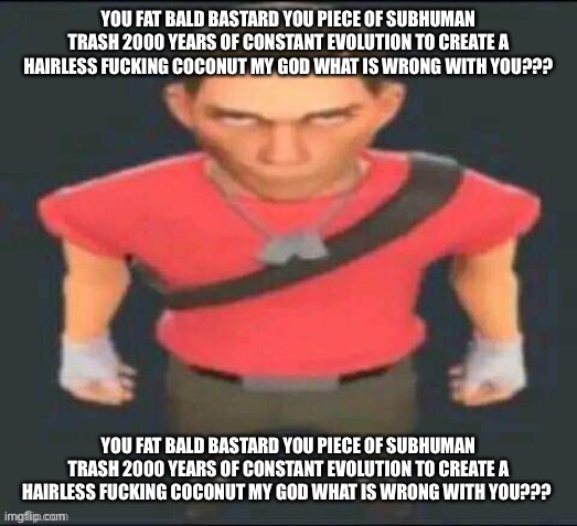 YOU FAT BALD BASTARD YOU PIECE OF SUBHUMAN TRASH 2000 YEARS OF CONSTANT EVOLUTION TO CREATE A HAIRLESS FUCKING COCONUT MY GOD WH | YOU FAT BALD BASTARD YOU PIECE OF SUBHUMAN TRASH 2000 YEARS OF CONSTANT EVOLUTION TO CREATE A HAIRLESS FUCKING COCONUT MY GOD WHAT IS WRONG WITH YOU??? YOU FAT BALD BASTARD YOU PIECE OF SUBHUMAN TRASH 2000 YEARS OF CONSTANT EVOLUTION TO CREATE A HAIRLESS FUCKING COCONUT MY GOD WHAT IS WRONG WITH YOU??? | image tagged in scout but i saved it so i don t forget | made w/ Imgflip meme maker
