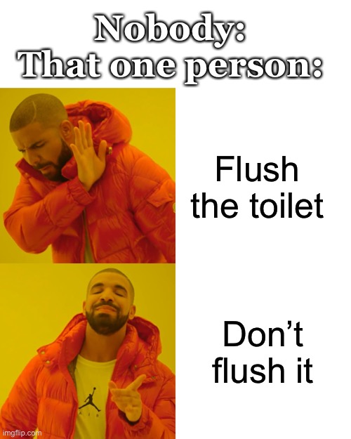 Sorry for bad font | Nobody:
That one person:; Flush the toilet; Don’t flush it | image tagged in memes,drake hotline bling | made w/ Imgflip meme maker