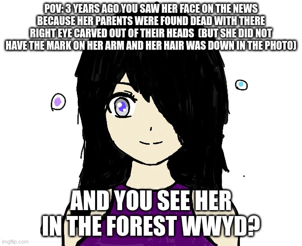 meme4 | POV: 3 YEARS AGO YOU SAW HER FACE ON THE NEWS BECAUSE HER PARENTS WERE FOUND DEAD WITH THERE RIGHT EYE CARVED OUT OF THEIR HEADS  (BUT SHE DID NOT HAVE THE MARK ON HER ARM AND HER HAIR WAS DOWN IN THE PHOTO); AND YOU SEE HER IN THE FOREST WWYD? | image tagged in creepypasta | made w/ Imgflip meme maker