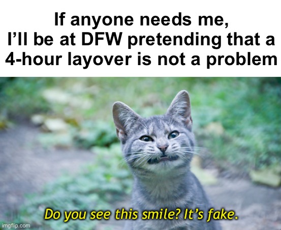 Looks like I picked the wrong day to stop sniffing glue. | If anyone needs me,
I’ll be at DFW pretending that a 4-hour layover is not a problem; Do you see this smile? It’s fake. | image tagged in i am at the airport and it smells like butt in here,memes | made w/ Imgflip meme maker