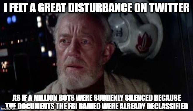 Twitter Bots Silenced |  I FELT A GREAT DISTURBANCE ON TWITTER; AS IF A MILLION BOTS WERE SUDDENLY SILENCED BECAUSE THE DOCUMENTS THE FBI RAIDED WERE ALREADY DECLASSIFIED | image tagged in disturbance in the force,declassified,maralago,trump,funny,funny meme | made w/ Imgflip meme maker