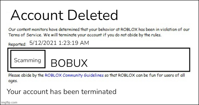 Banned from ROBLOX [2008 Interface Edition] | Account Deleted; 5/12/2021 1:23:19 AM; BOBUX; Scamming; Your account has been terminated | image tagged in banned from roblox 2008 interface edition | made w/ Imgflip meme maker