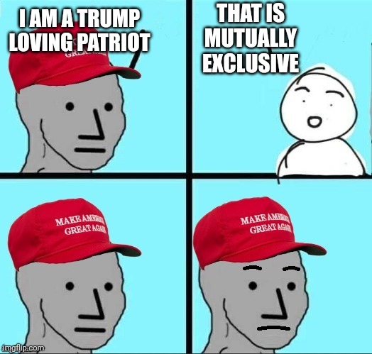 One or the other folks | THAT IS MUTUALLY EXCLUSIVE; I AM A TRUMP LOVING PATRIOT | image tagged in concerned maga npc | made w/ Imgflip meme maker