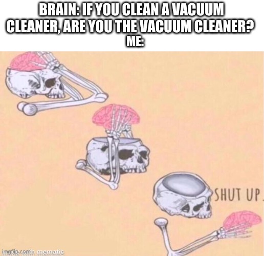 skeleton shut up meme |  BRAIN: IF YOU CLEAN A VACUUM CLEANER, ARE YOU THE VACUUM CLEANER? ME: | image tagged in skeleton shut up meme | made w/ Imgflip meme maker