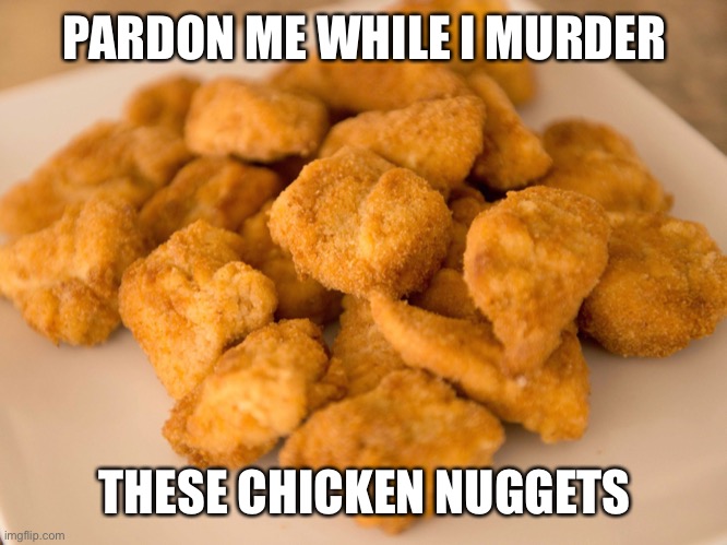 Chicken Nuggets | PARDON ME WHILE I MURDER THESE CHICKEN NUGGETS | image tagged in chicken nuggets | made w/ Imgflip meme maker