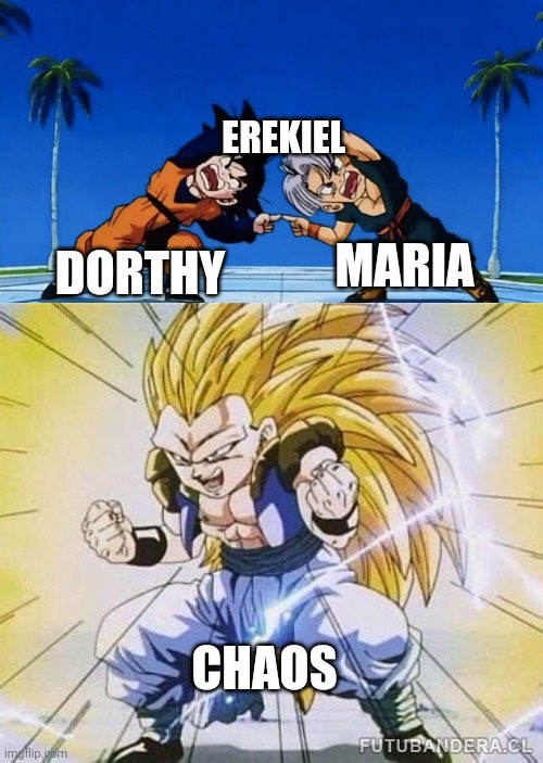 DBZ FUSION | EREKIEL; MARIA; DORTHY; CHAOS | image tagged in dbz fusion | made w/ Imgflip meme maker