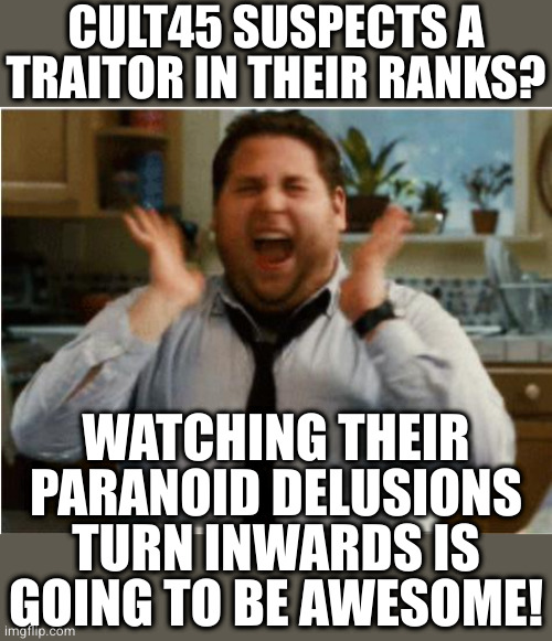 Excited can't wait | CULT45 SUSPECTS A TRAITOR IN THEIR RANKS? WATCHING THEIR PARANOID DELUSIONS TURN INWARDS IS GOING TO BE AWESOME! | image tagged in excited can't wait | made w/ Imgflip meme maker