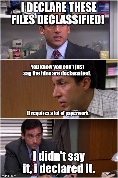 Michael Scott Bankruptcy | I DECLARE THESE FILES DECLASSIFIED! You know you can't just say the files are declassified. It requires a lot of paperwork. I didn't say it, i declared it. | image tagged in michael scott bankruptcy | made w/ Imgflip meme maker