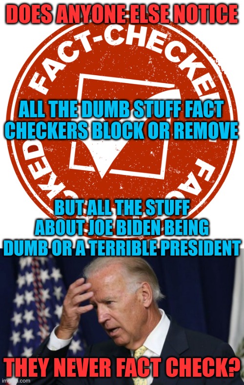 FACT CHECKERS KNOW |  DOES ANYONE ELSE NOTICE; ALL THE DUMB STUFF FACT CHECKERS BLOCK OR REMOVE; BUT ALL THE STUFF ABOUT JOE BIDEN BEING DUMB OR A TERRIBLE PRESIDENT; THEY NEVER FACT CHECK? | image tagged in joe biden worries,joe biden,fact check,politics | made w/ Imgflip meme maker