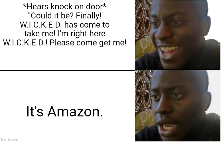 I was born in the wrong world. I need to go to the Maze Runner world. | *Hears knock on door* "Could it be? Finally! W.I.C.K.E.D. has come to take me! I'm right here W.I.C.K.E.D.! Please come get me! It's Amazon. | image tagged in disappointed black guy,maze runner,relatable | made w/ Imgflip meme maker