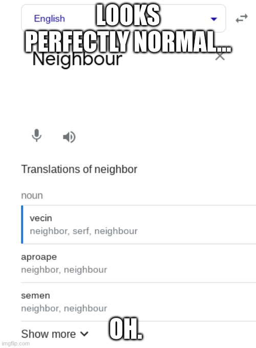 Oops. | LOOKS PERFECTLY NORMAL... OH. | image tagged in neighbour translation fail,oh no | made w/ Imgflip meme maker