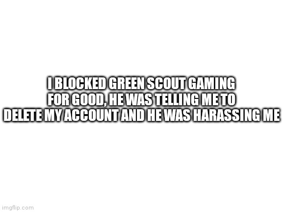 a seriously message to everyone |  I BLOCKED GREEN SCOUT GAMING FOR GOOD, HE WAS TELLING ME TO DELETE MY ACCOUNT AND HE WAS HARASSING ME | image tagged in blank white template | made w/ Imgflip meme maker