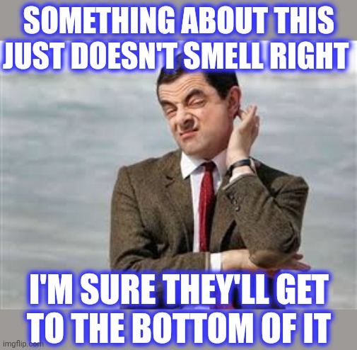 Mr Bean Sarcastic | SOMETHING ABOUT THIS JUST DOESN'T SMELL RIGHT I'M SURE THEY'LL GET
TO THE BOTTOM OF IT | image tagged in mr bean sarcastic | made w/ Imgflip meme maker