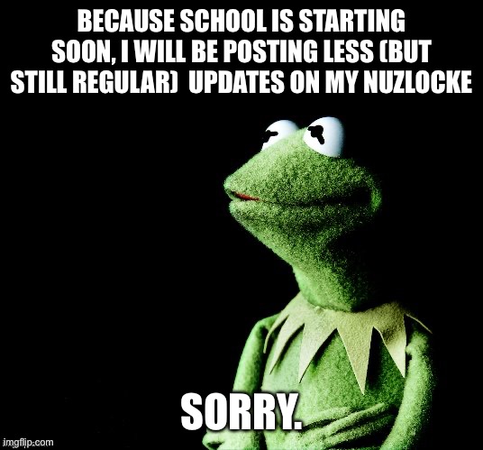 Nuzlocke part 22.5 | BECAUSE SCHOOL IS STARTING SOON, I WILL BE POSTING LESS (BUT STILL REGULAR)  UPDATES ON MY NUZLOCKE; SORRY. | image tagged in contemplative kermit | made w/ Imgflip meme maker