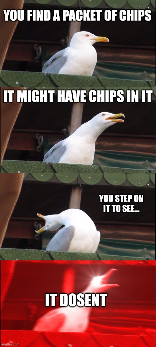 {InsertGoodTitleHere} | YOU FIND A PACKET OF CHIPS; IT MIGHT HAVE CHIPS IN IT; YOU STEP ON IT TO SEE... IT DOSENT | image tagged in memes,inhaling seagull | made w/ Imgflip meme maker