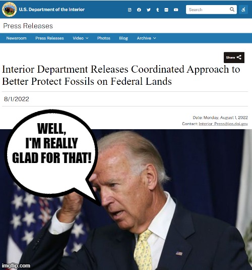 Because he's so old that he's a fossil, see what I did there? | WELL, I'M REALLY GLAD FOR THAT! | image tagged in joe biden worries,fossil | made w/ Imgflip meme maker