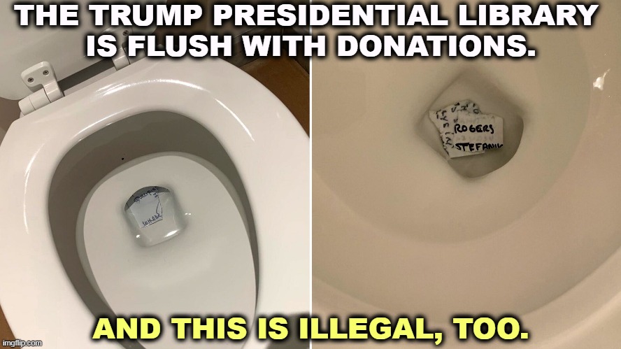 Bringing new meaning to the term "Document Dump." | THE TRUMP PRESIDENTIAL LIBRARY 
IS FLUSH WITH DONATIONS. AND THIS IS ILLEGAL, TOO. | image tagged in trump,illegal,destruction,toilet | made w/ Imgflip meme maker