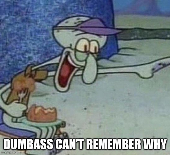 Squidward Point and Laugh | DUMBASS CAN’T REMEMBER WHY | image tagged in squidward point and laugh | made w/ Imgflip meme maker