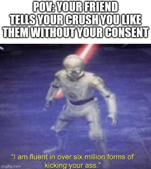 -^- | POV: YOUR FRIEND TELLS YOUR CRUSH YOU LIKE THEM WITHOUT YOUR CONSENT | image tagged in i am fluent in over six million forms of kicking your ass | made w/ Imgflip meme maker