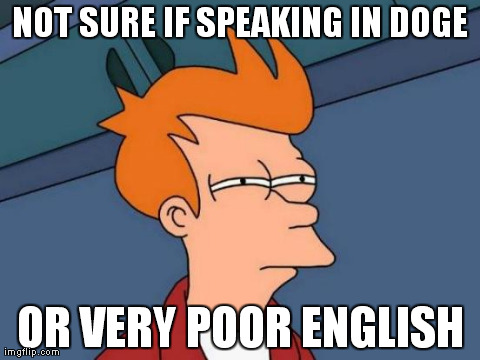 Futurama Fry Meme | NOT SURE IF SPEAKING IN DOGE OR VERY POOR ENGLISH | image tagged in memes,futurama fry | made w/ Imgflip meme maker