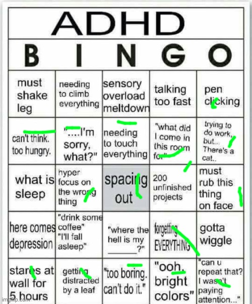 I don’t have adhd- I don’t think? I have anxiety though- | image tagged in adhd bingo,ouch | made w/ Imgflip meme maker