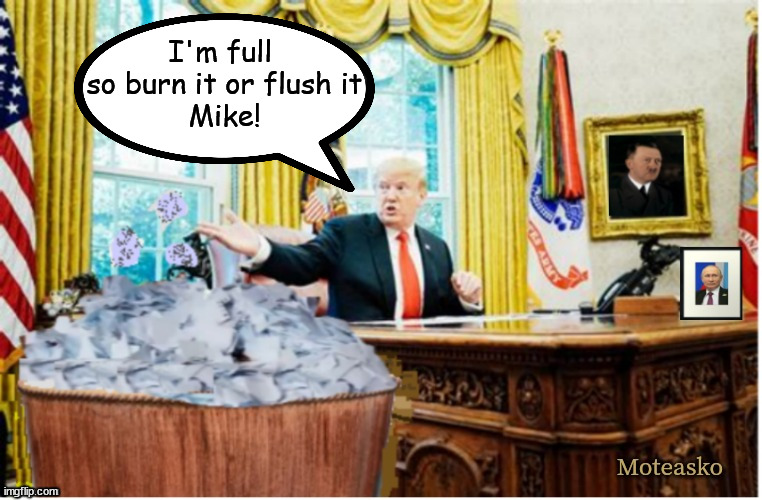 Criminal & Thief | I'm full 
so burn it or flush it
Mike! | image tagged in trump,maga,documents,criminal,russian puppet | made w/ Imgflip meme maker