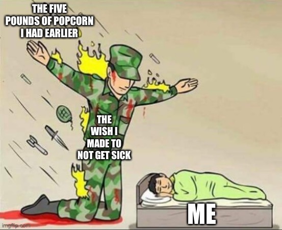 Not my best work | THE FIVE POUNDS OF POPCORN I HAD EARLIER; THE WISH I MADE TO NOT GET SICK; ME | image tagged in soldier protecting sleeping child | made w/ Imgflip meme maker
