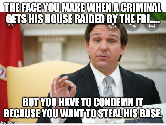 DeSatanis | THE FACE YOU MAKE WHEN A CRIMINAL GETS HIS HOUSE RAIDED BY THE FBI..... BUT YOU HAVE TO CONDEMN IT BECAUSE YOU WANT TO STEAL HIS BASE. | image tagged in donald trump,trump supporter,republican,conservative,fbi,democrat | made w/ Imgflip meme maker