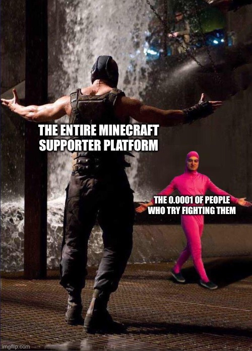 Pink Guy vs Bane | THE ENTIRE MINECRAFT SUPPORTER PLATFORM THE 0.0001 OF PEOPLE WHO TRY FIGHTING THEM | image tagged in pink guy vs bane | made w/ Imgflip meme maker