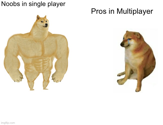 Lazy meme |  Noobs in single player; Pros in Multiplayer | image tagged in memes,buff doge vs cheems | made w/ Imgflip meme maker