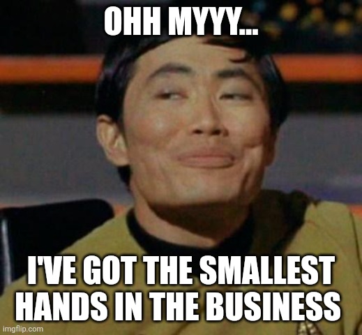 George Takei | OHH MYYY... I'VE GOT THE SMALLEST HANDS IN THE BUSINESS | image tagged in george takei | made w/ Imgflip meme maker