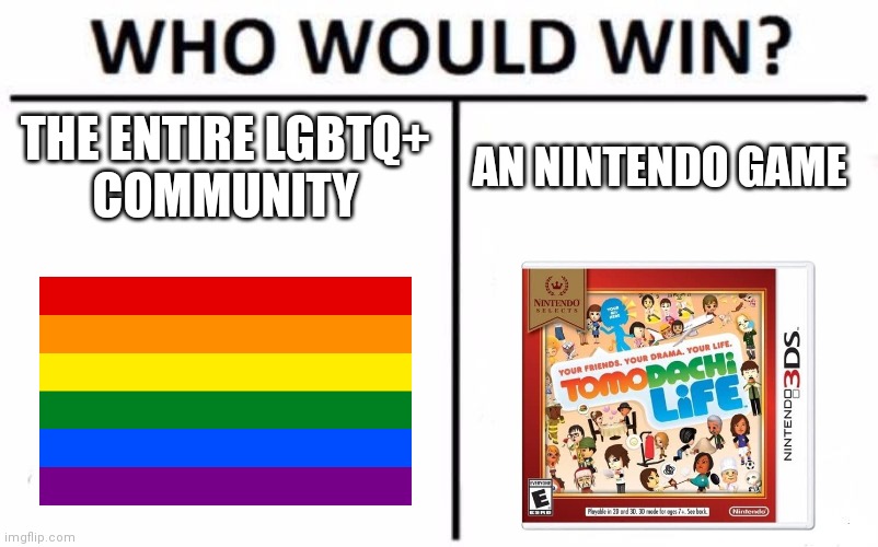 Who Would Win? | THE ENTIRE LGBTQ+
COMMUNITY; AN NINTENDO GAME | image tagged in memes,who would win | made w/ Imgflip meme maker