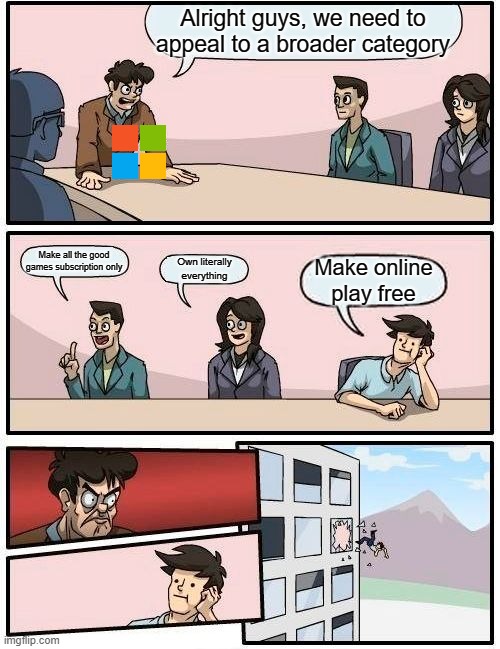 Boardroom Meeting Suggestion Meme | Alright guys, we need to appeal to a broader category; Make all the good games subscription only; Own literally everything; Make online play free | image tagged in memes,boardroom meeting suggestion | made w/ Imgflip meme maker