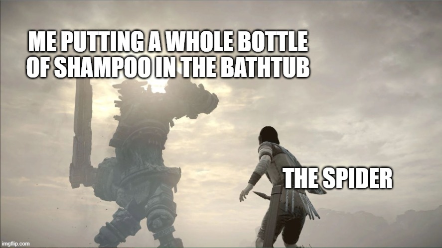 Boss Fight Meme | ME PUTTING A WHOLE BOTTLE OF SHAMPOO IN THE BATHTUB THE SPIDER | image tagged in boss fight meme | made w/ Imgflip meme maker