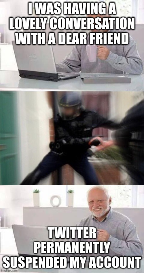 Hide the pain Harold fbi edition | I WAS HAVING A LOVELY CONVERSATION WITH A DEAR FRIEND; TWITTER PERMANENTLY SUSPENDED MY ACCOUNT | image tagged in hide the pain harold fbi edition | made w/ Imgflip meme maker