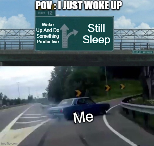 Zzzzz |  POV : I JUST WOKE UP; Wake Up And Do Something Productive; Still Sleep; Me | image tagged in memes,left exit 12 off ramp,zzzz,sleep,lol,funny | made w/ Imgflip meme maker