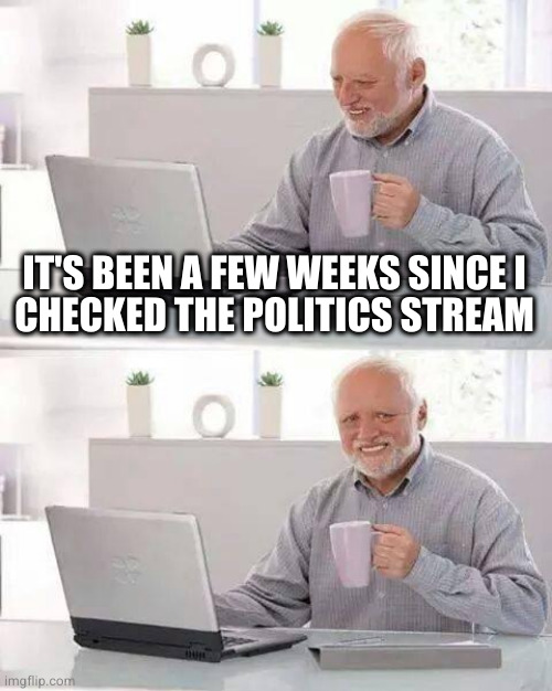 Why did I have to come out of that coma? | IT'S BEEN A FEW WEEKS SINCE I
CHECKED THE POLITICS STREAM | image tagged in memes,hide the pain harold | made w/ Imgflip meme maker