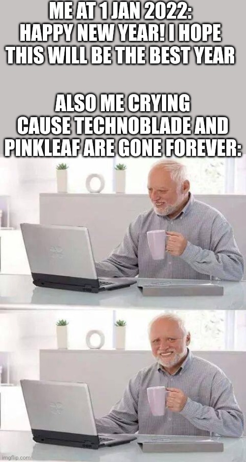 Why ? | ME AT 1 JAN 2022: HAPPY NEW YEAR! I HOPE THIS WILL BE THE BEST YEAR; ALSO ME CRYING CAUSE TECHNOBLADE AND PINKLEAF ARE GONE FOREVER: | image tagged in memes,hide the pain harold | made w/ Imgflip meme maker