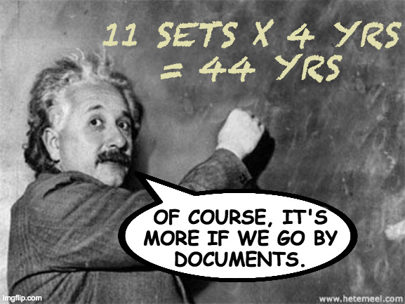 Einstein on God | 11 SETS X 4 YRS
= 44 YRS OF COURSE, IT'S
MORE IF WE GO BY
DOCUMENTS. | image tagged in einstein on god | made w/ Imgflip meme maker