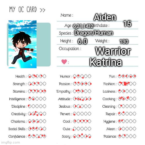 Aiden | Aiden; 15; 6‚21‚1432; Dragon/Human; 6.0; 130; Warrior; Katrina | image tagged in oc card template | made w/ Imgflip meme maker