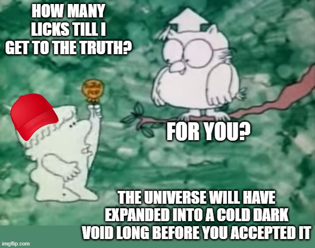 How many licks? | HOW MANY LICKS TILL I GET TO THE TRUTH? THE UNIVERSE WILL HAVE EXPANDED INTO A COLD DARK VOID LONG BEFORE YOU ACCEPTED IT FOR YOU? | image tagged in how many licks | made w/ Imgflip meme maker